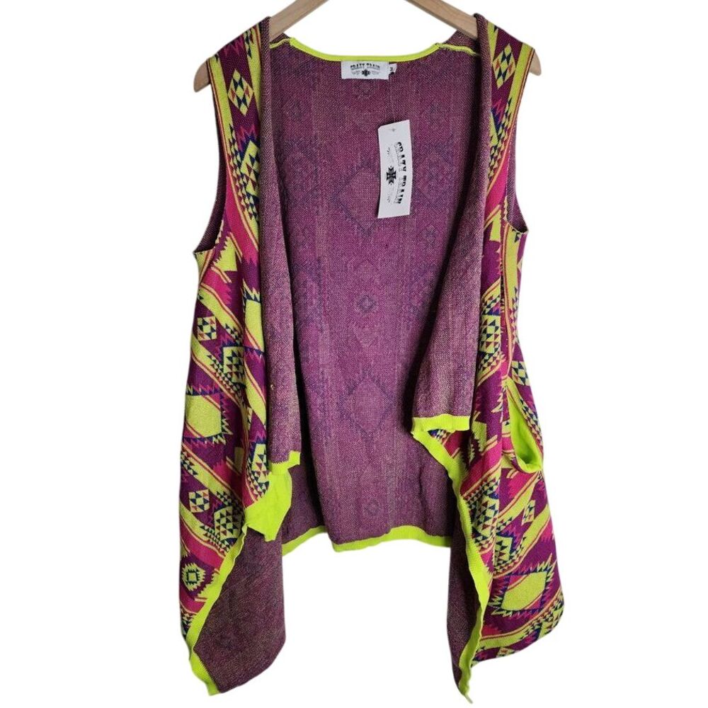 Crazy Train Vest‎ Women's Medium Sleeveless Western Pockets Green Pink NWT